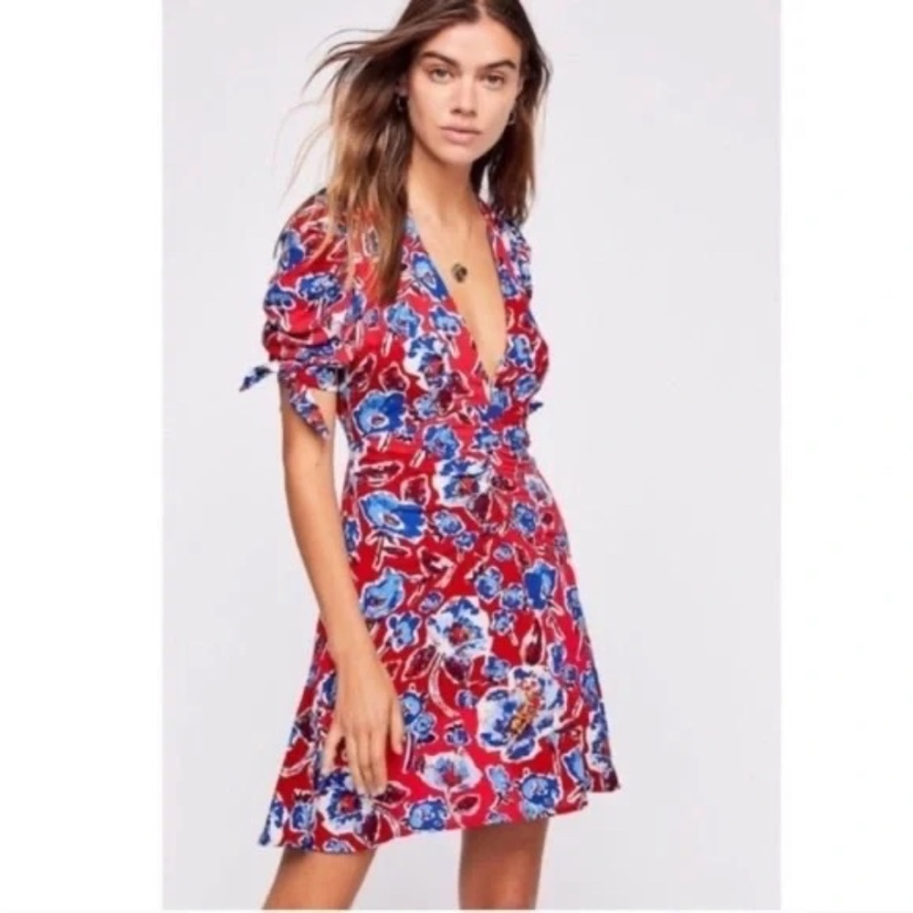 Free People Red Blue Floral Mini Dress SIZE 8 NEW WITHOUT TAGS
